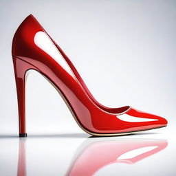 A pair of elegant red high heel shoes, with a glossy finish and stylish design, placed on a white background