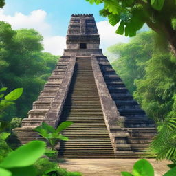 A majestic Mayan pyramid standing tall in a lush jungle setting