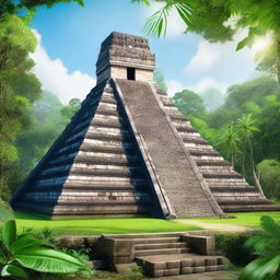 A majestic Mayan pyramid standing tall in a lush jungle setting