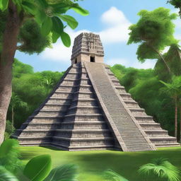 A majestic Mayan pyramid standing tall in a lush jungle setting