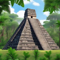 A majestic Mayan pyramid standing tall in a lush jungle setting