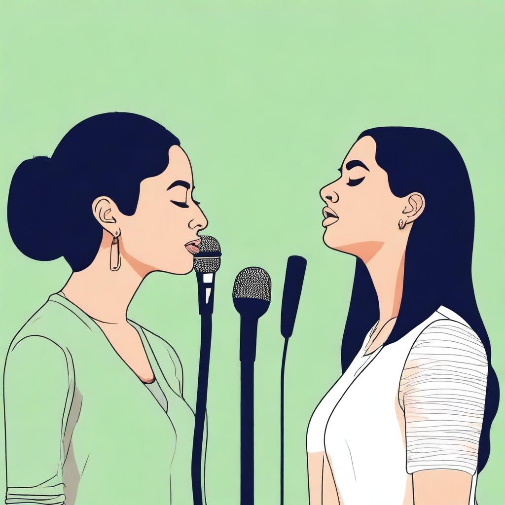 Create an image featuring two female vocalists, Reema and Jodie, performing a duet in a quiet, serene setting