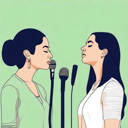 Create an image featuring two female vocalists, Reema and Jodie, performing a duet in a quiet, serene setting