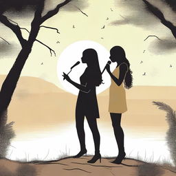 Create an image featuring two female vocalists, Reema and Jodie, performing a duet in a quiet, serene setting