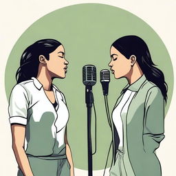 Create an image featuring two female vocalists, Reema and Jodie, performing a duet in a quiet, serene setting