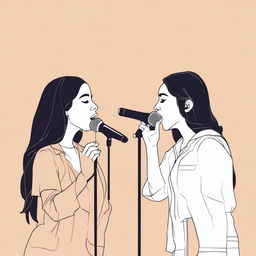 Create an image featuring two female vocalists, Reema and Jodie, performing a duet in a quiet, serene setting