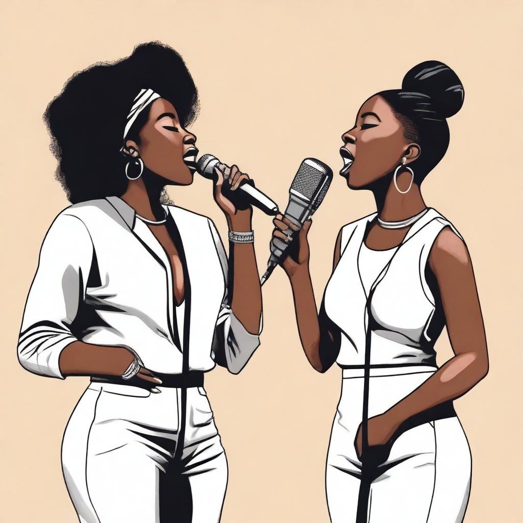 Create a realistic image featuring two black female vocalists, Reema and Jodie, performing a duet in a quiet, serene setting