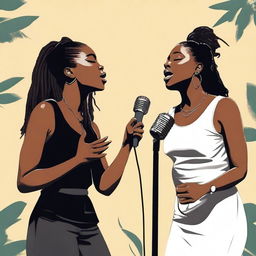 Create a realistic image featuring two black female vocalists, Reema and Jodie, performing a duet in a quiet, serene setting