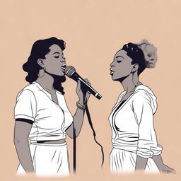 Create a realistic image featuring two black female vocalists, Reema and Jodie, performing a duet in a quiet, serene setting