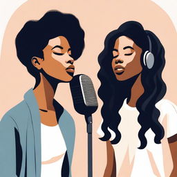 Create a realistic image featuring two black female vocalists, Reema and Jodie, performing a duet in a quiet, serene setting