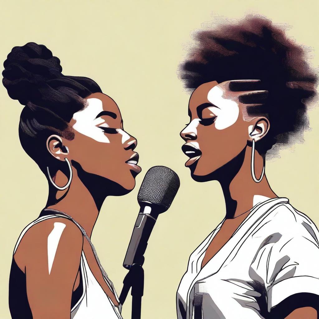Create a realistic image featuring two black female vocalists, Reema and Jodie, performing a duet in a quiet, serene setting