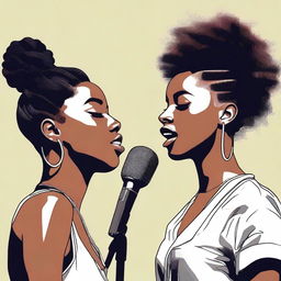 Create a realistic image featuring two black female vocalists, Reema and Jodie, performing a duet in a quiet, serene setting