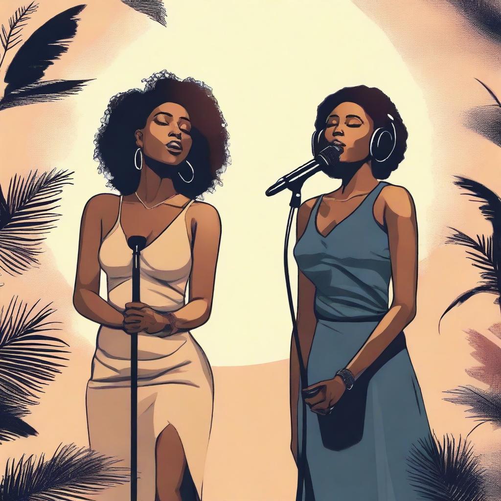 Create a realistic image featuring two black female vocalists, Reema and Jodie, performing a duet in a quiet, serene setting