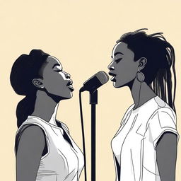 Create a realistic image featuring two black female vocalists, Reema and Jodie, performing a duet in a quiet, serene setting