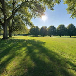 A perfect summer day with clear blue skies, vibrant green fields, and a bright sun casting long shadows. A gentle breeze stirs the leaves of nearby trees.