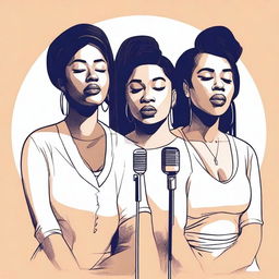 Create a realistic image featuring two black female vocalists, Reema and Jodie, performing a duet in a quiet, serene setting