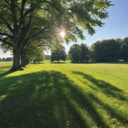 A perfect summer day with clear blue skies, vibrant green fields, and a bright sun casting long shadows. A gentle breeze stirs the leaves of nearby trees.