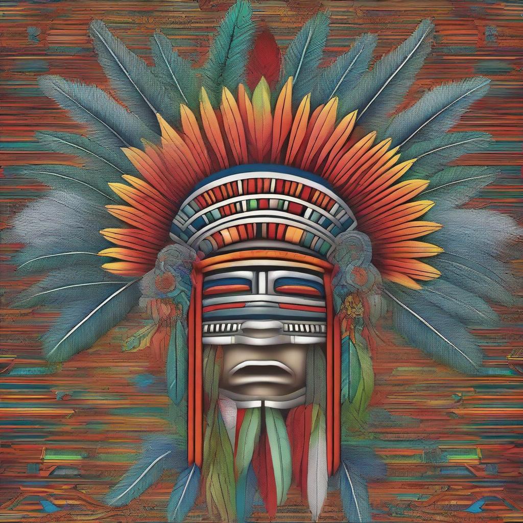 A detailed and vibrant illustration of an Aztec headdress, featuring intricate feather arrangements and traditional Aztec patterns