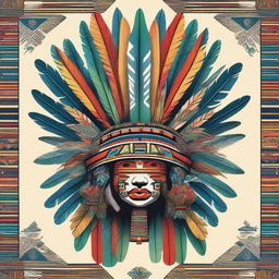 A detailed and vibrant illustration of an Aztec headdress, featuring intricate feather arrangements and traditional Aztec patterns