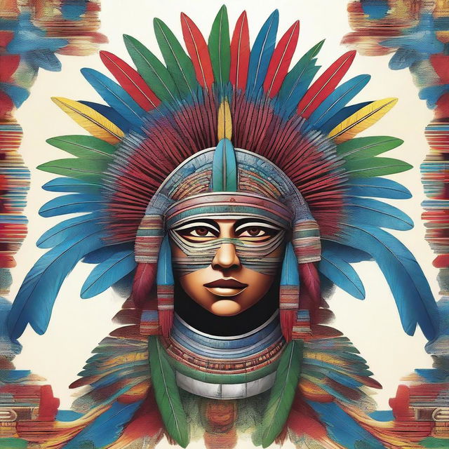 A detailed and vibrant illustration of an Aztec headdress, featuring intricate feather arrangements and traditional Aztec patterns