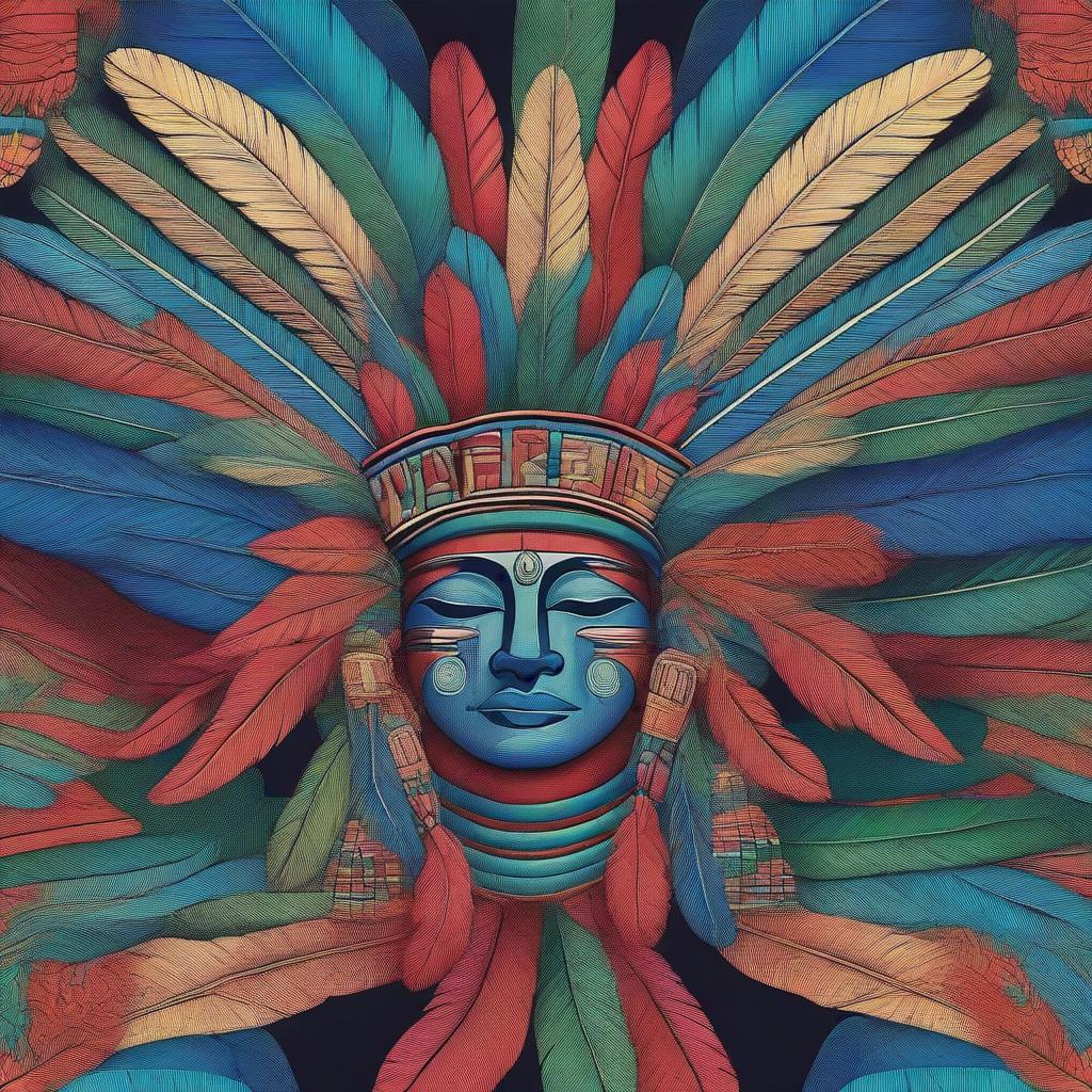 A detailed and vibrant illustration of a Mayan headdress, featuring intricate feather arrangements and traditional Mayan patterns