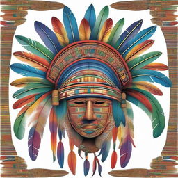 A detailed and vibrant illustration of a Mayan headdress, featuring intricate feather arrangements and traditional Mayan patterns