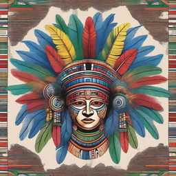 A detailed and vibrant illustration of a Mayan headdress, featuring intricate feather arrangements and traditional Mayan patterns