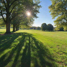 A perfect summer day with clear blue skies, vibrant green fields, and a bright sun casting long shadows. A gentle breeze stirs the leaves of nearby trees.