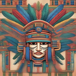 A detailed and vibrant illustration of a Mayan headdress, featuring intricate feather arrangements and traditional Mayan patterns