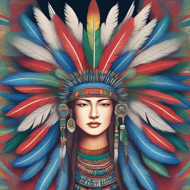 A detailed and vibrant illustration of a traditional headdress, featuring intricate feather arrangements and elaborate patterns