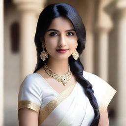 A beautiful Indian girl with traditional attire, wearing a white saree, standing gracefully