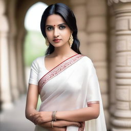 A beautiful Indian girl with traditional attire, wearing a white saree, standing gracefully