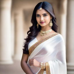 A beautiful Indian girl with traditional attire, wearing a white saree, standing gracefully