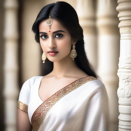 A beautiful Indian girl with traditional attire, wearing a white saree, standing gracefully