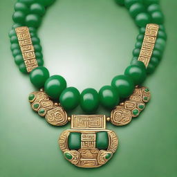 A detailed and vibrant illustration of a chunky jade Aztec necklace, featuring large jade stones and intricate gold accents