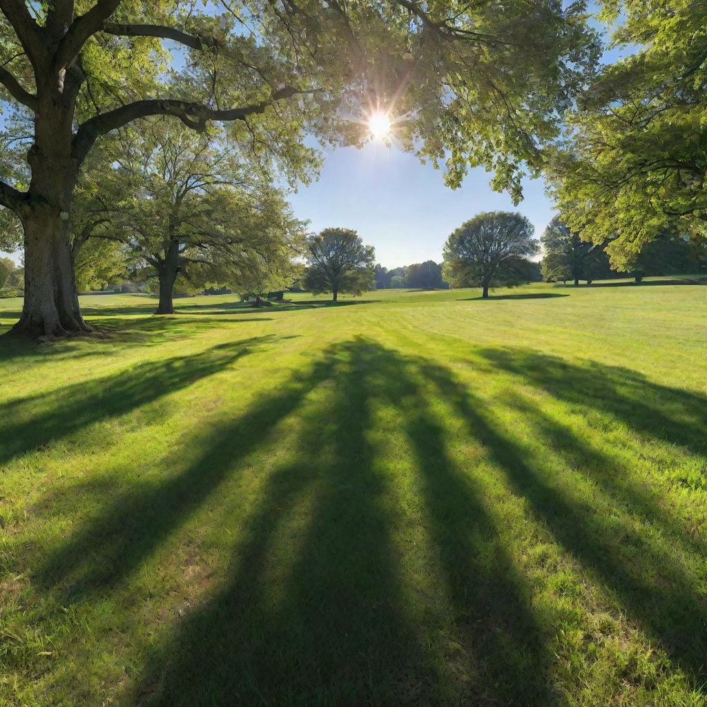 A perfect summer day with clear blue skies, vibrant green fields, and a bright sun casting long shadows. A gentle breeze stirs the leaves of nearby trees.