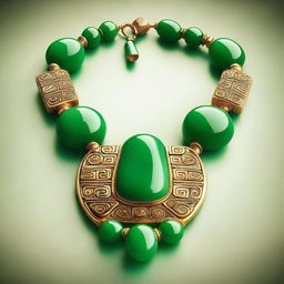 A detailed and vibrant illustration of a chunky jade Aztec necklace, featuring large jade stones and intricate gold accents