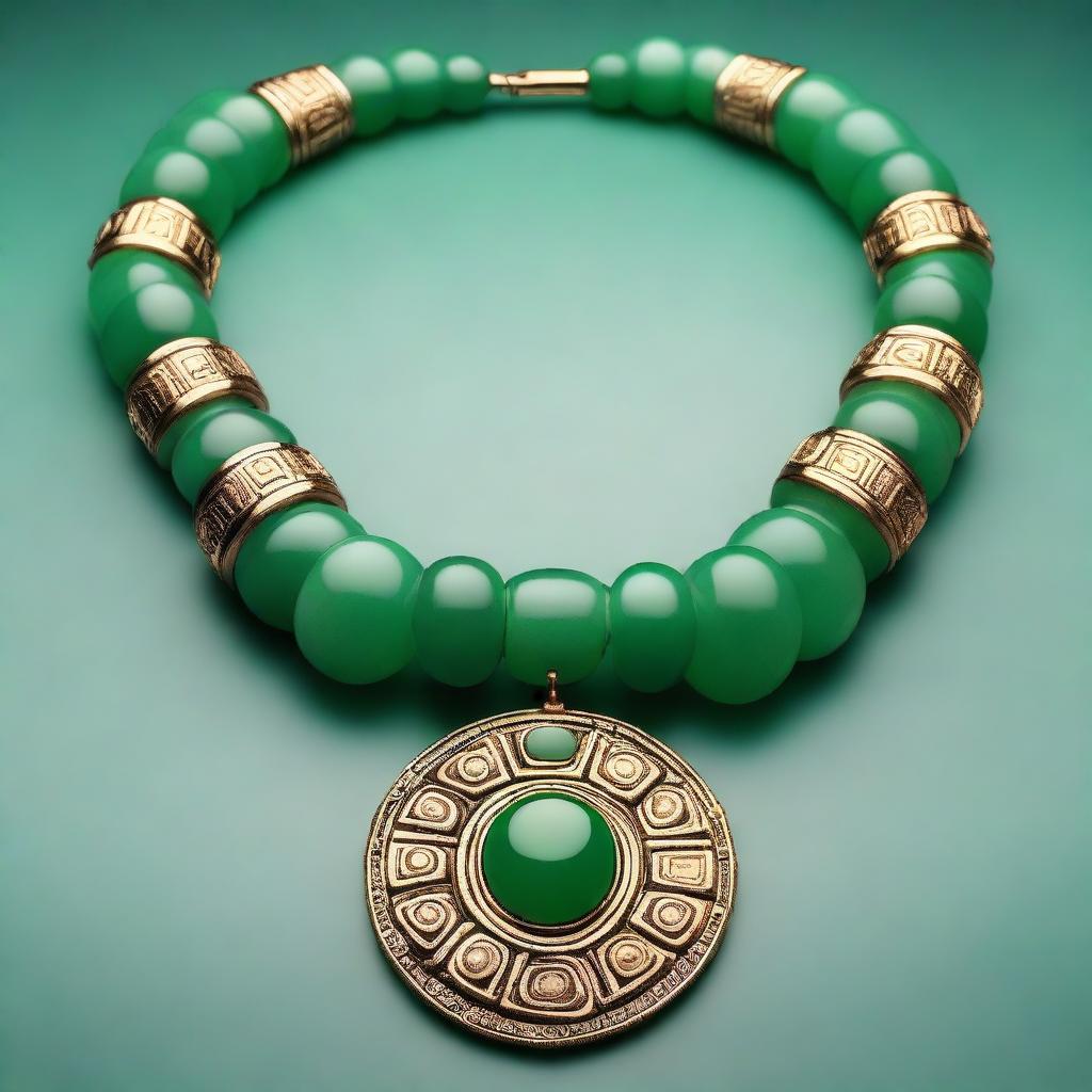 A detailed and vibrant illustration of a chunky jade Aztec necklace, featuring large jade stones and intricate gold accents