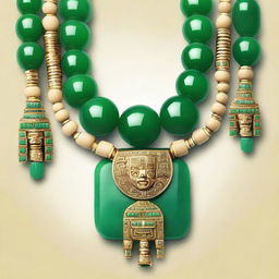 A detailed and vibrant illustration of a chunky jade Aztec necklace, featuring large jade stones and intricate gold accents