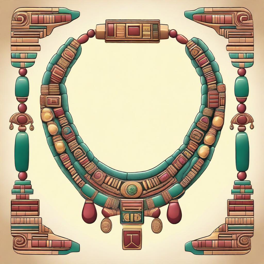 A detailed and vibrant illustration of an Aztec necklace, featuring intricate designs and traditional Aztec patterns