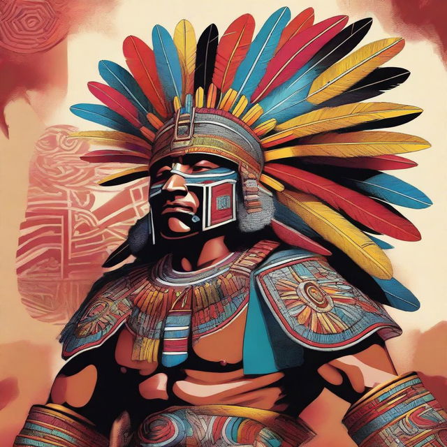 A detailed and vibrant illustration of an Aztec warrior, featuring traditional Aztec armor, weaponry, and a feathered headdress