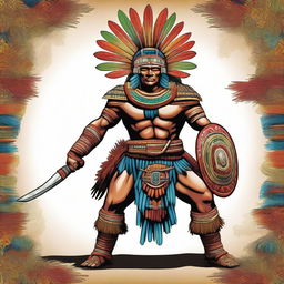 A detailed and vibrant illustration of an Aztec warrior, featuring traditional Aztec armor, weaponry, and a feathered headdress