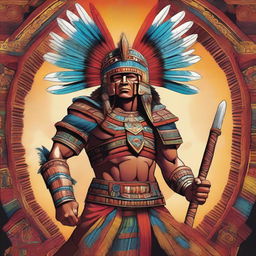 A detailed and vibrant illustration of an Aztec warrior, featuring traditional Aztec armor, weaponry, and a feathered headdress