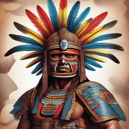 A detailed and vibrant illustration of an Aztec warrior, featuring traditional Aztec armor, weaponry, and a feathered headdress