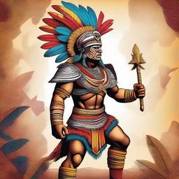 A detailed and vibrant illustration of an Aztec warrior, featuring traditional Aztec armor, weaponry, and a feathered headdress