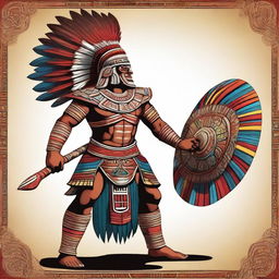 A detailed and vibrant illustration of an Aztec warrior, featuring traditional Aztec armor, weaponry, and a feathered headdress