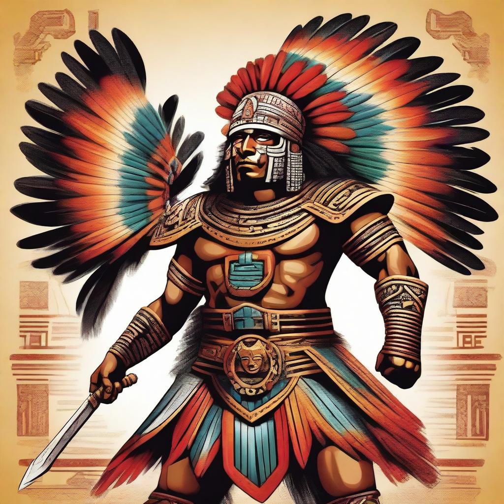 A detailed and vibrant illustration of an Aztec warrior, featuring traditional Aztec armor, weaponry, and a feathered headdress