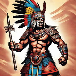 A detailed and vibrant illustration of an Aztec warrior, featuring traditional Aztec armor, weaponry, and a feathered headdress