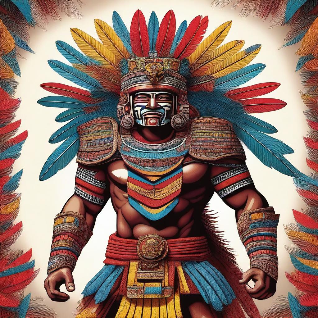 A detailed and vibrant illustration of a Mayan warrior, featuring traditional Mayan armor, weaponry, and a feathered headdress