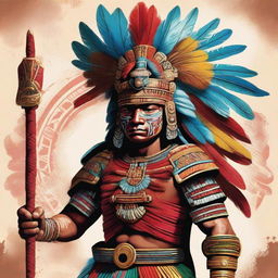 A detailed and vibrant illustration of a Mayan warrior, featuring traditional Mayan armor, weaponry, and a feathered headdress